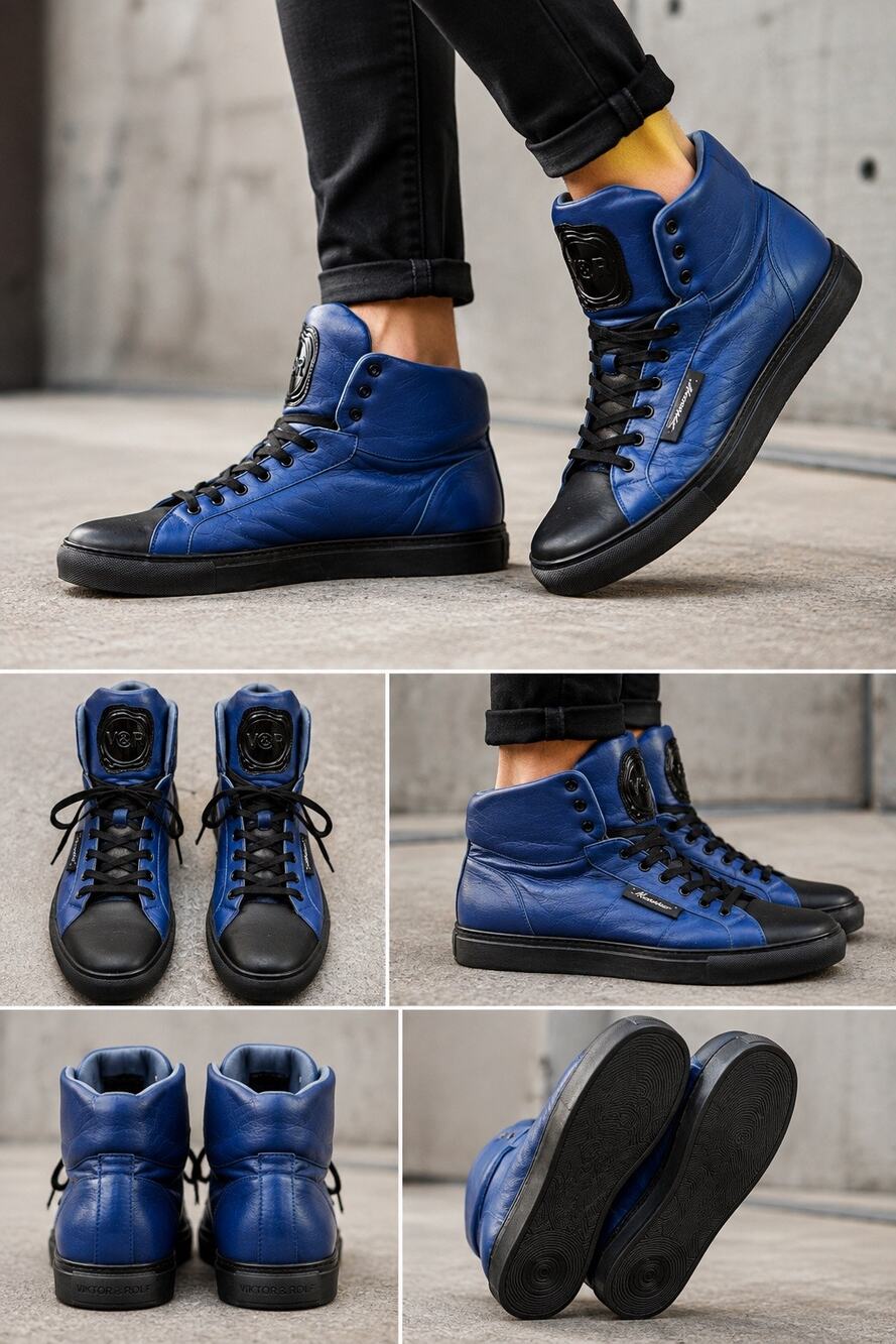 Viktor & Rolf Blue & Black Leather High Top Sneakers EU 44 Designer Luxury Shoes